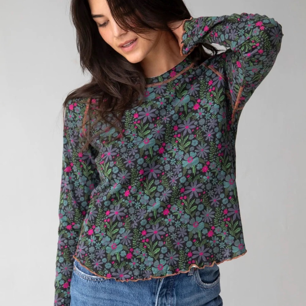 Natural Life Lily Cotton Long Sleeve Tee Dark Blue Garden Floral Boho XXL Top